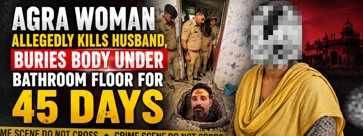 Agra crime news featured image showing police investigation, a bathroom floor excavation, and a woman, highlighting the alleged murder case where a husband was reportedly buried under the bathroom floor for 45 days.
