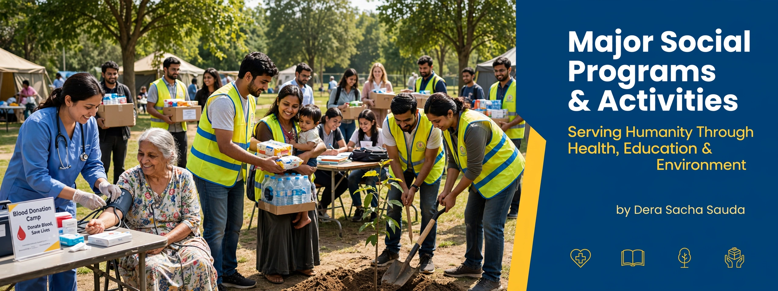 Dera Sacha Sauda volunteers serving humanity through health camp, blood donation, education support, tree plantation and relief distribution activities