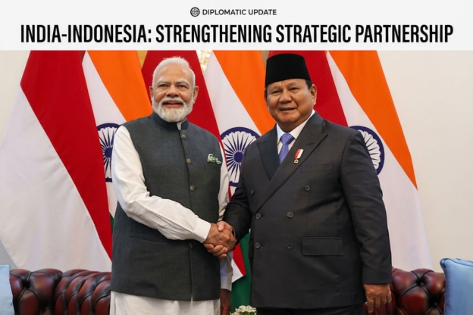Indian Prime Minister Narendra Modi and Indonesian President Prabowo Subianto shake hands during a diplomatic meeting, with the flags of India and Indonesia in the background, highlighting the strengthening of the India–Indonesia strategic partnership.