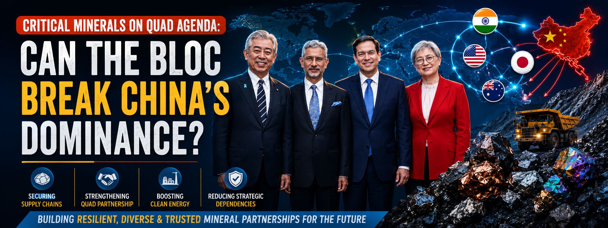 Critical Minerals on Quad Agenda featured image showing Quad leaders, global mineral supply chains, mining operations, and China's dominance in critical minerals.