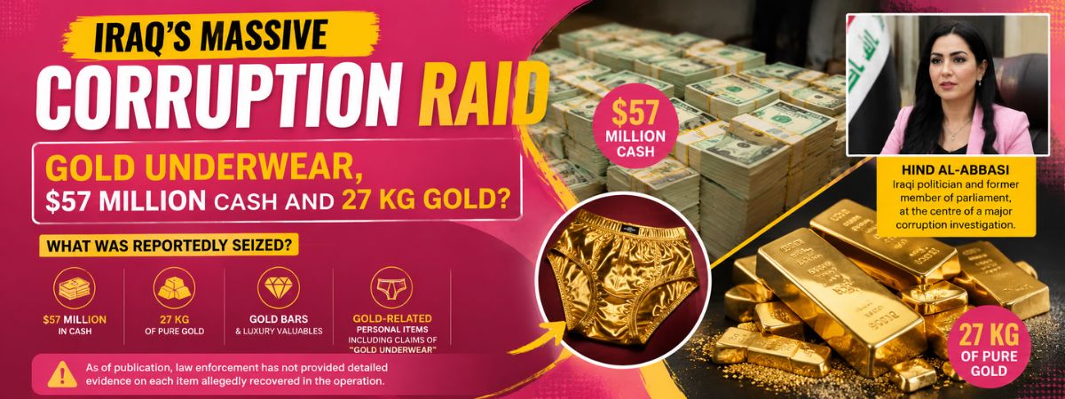 Featured image illustrating reports about Iraq's corruption investigation with stacks of cash, gold bars, gold-related items, and bold pink and yellow typography highlighting the reported seizure.