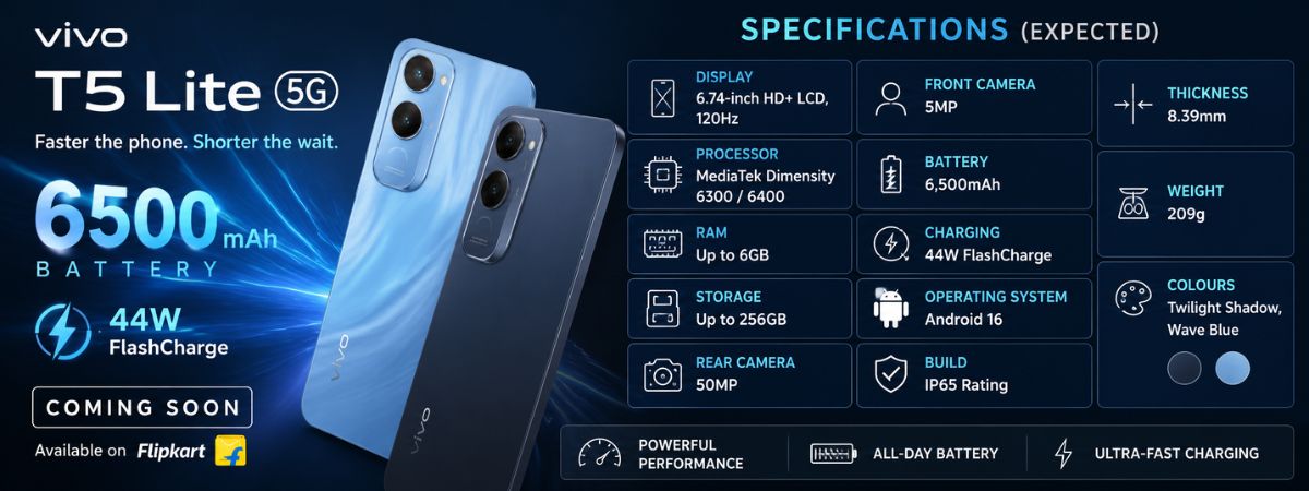 Vivo T5 Lite 5G expected specifications infographic featuring a 6,500mAh battery, 44W FlashCharge, MediaTek Dimensity processor, 120Hz display, Android 16, and 50MP camera.