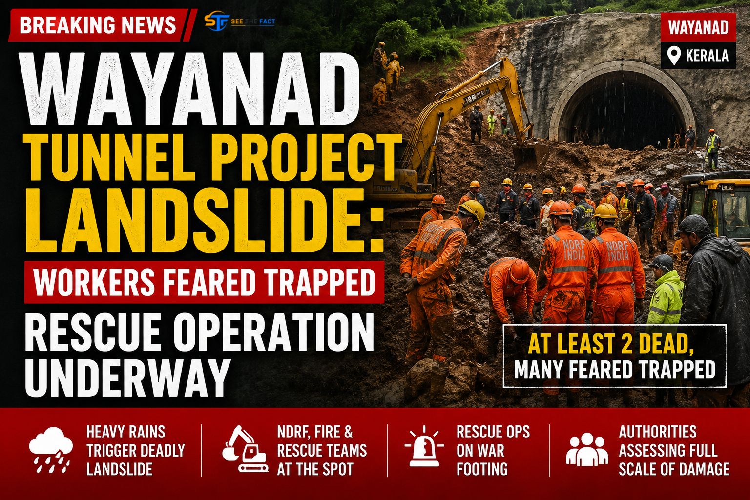 Wayanad Tunnel Project landslide rescue operation showing NDRF personnel, heavy machinery, and emergency teams searching for trapped workers near the tunnel construction site in Kerala.