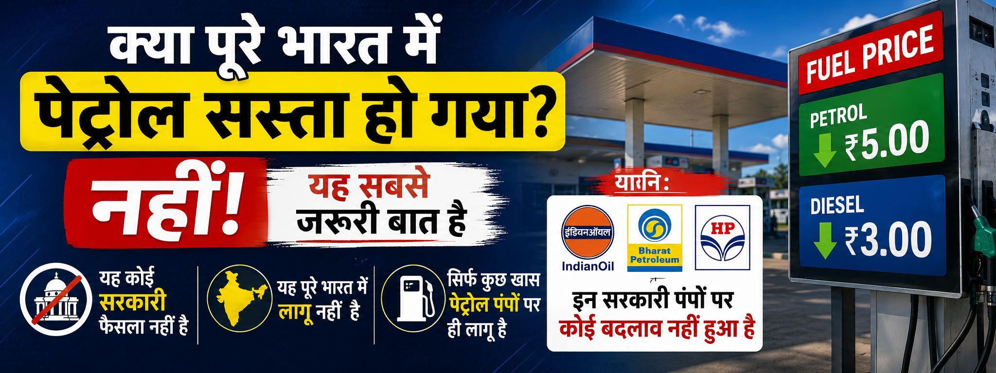 Featured image explaining that petrol prices have not been reduced across India and that no price change has been announced for IOC, BPCL, or HPCL petrol pumps.